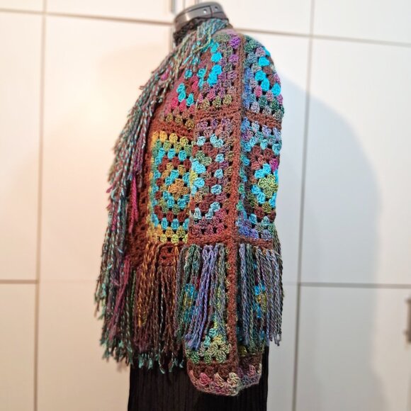 My Fairy Forrest Brown Green Turquoise Granny Square Super Fringe Sweater L/XL - Picture 12 of 16